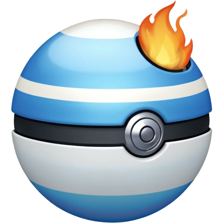 blue pokeball emoji, top half is a more saturated blue, bottom half is white, black stripe, with a white sheen, with a pearlescent finish, with a fire effect emoji