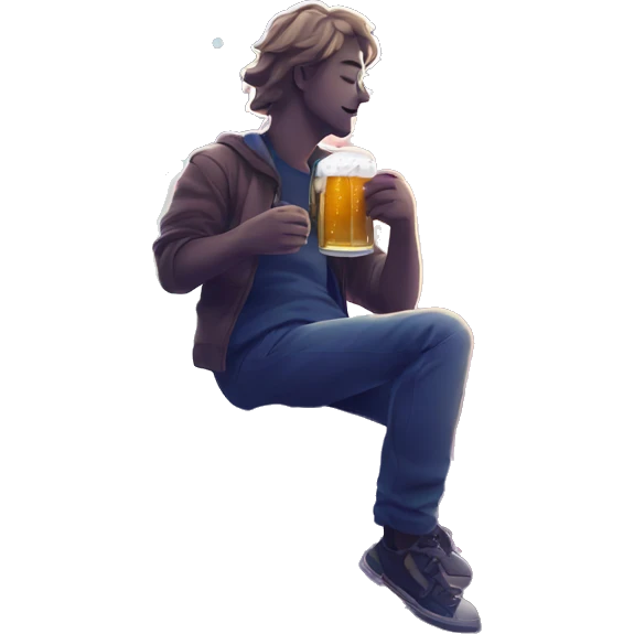 Person sat on a nebula drinking beer, line drawn style emoji