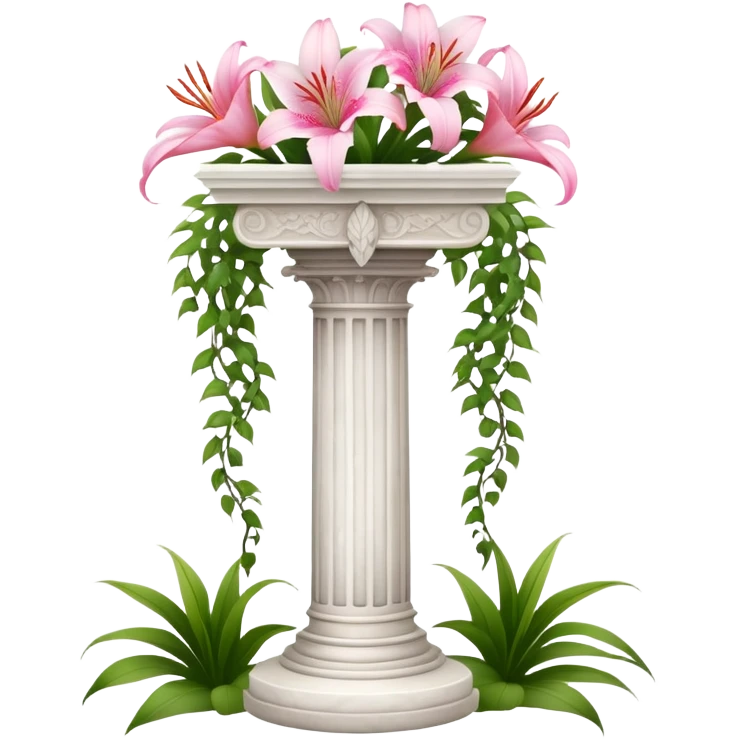 White tall marble pedestal with vines growing on it and pink lilies, beautiful romantic scenery  emoji