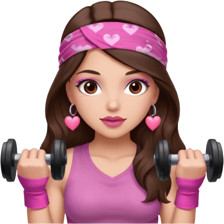 Pink and clothes emoji, inspired with brunette hair, brown eyes, long hair, heart shape lips and pink make up  and pink nails, mauve pink blush and a chocolate brown bandana lifting dumbbells emoji