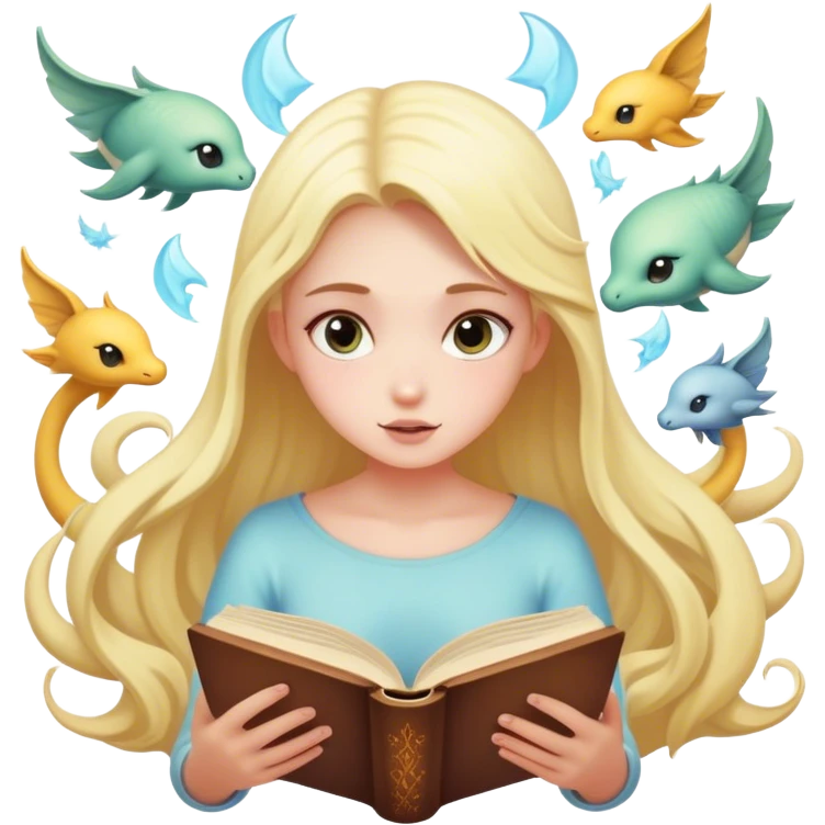 girl reading book with mystical creatures coming out of it emoji
