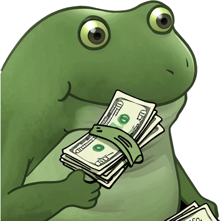 bufo frog holding a stack of cash, happy expression emoji