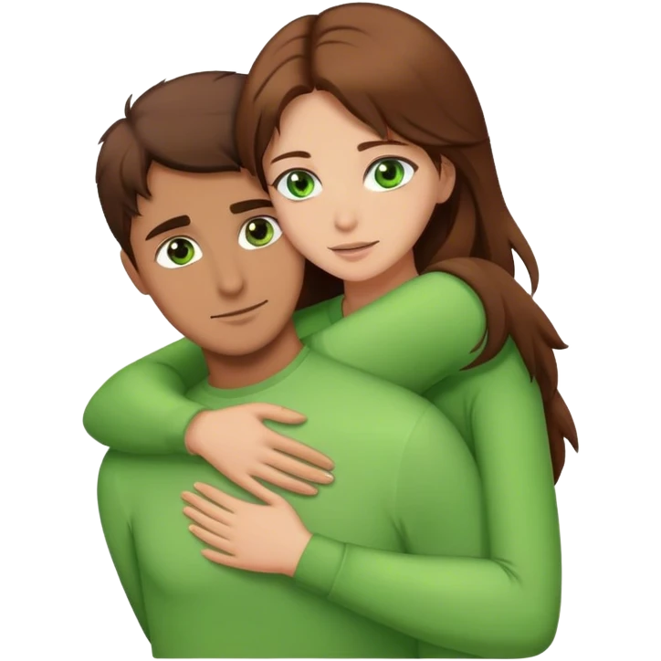 Man with brown hair and green eyes  hugs woman with brown hair and brown eyes emoji