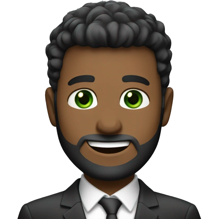 Finance guy, short black hare, green eyes, suit, beard like 3 days, white. big smile. crewcut emoji