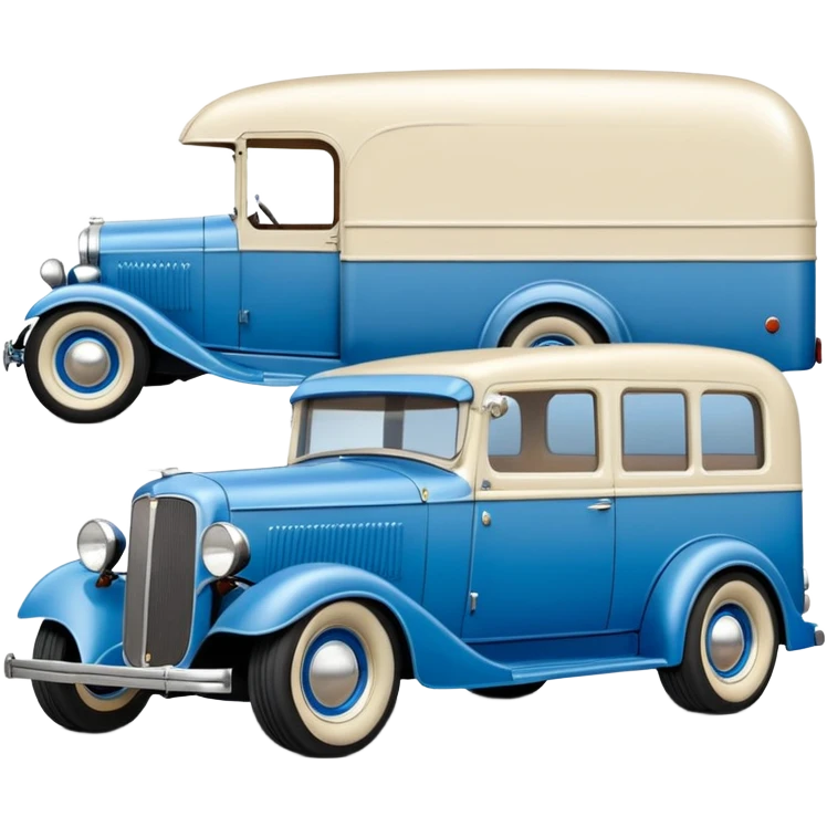 A 1934 ratty old antique rat Chevrolet hot rod caravan with  a large matching trailer that’s blue and pearl  emoji