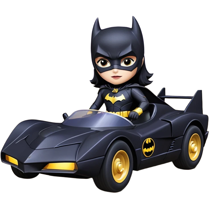 scale racing sexy fitted Batgirl’s masculine midnight-colored tight outfit 1970’s tv style dark knight stealthy accurate sporty safe plush deluxe off-road pursuit drifting F1 car lexus (black hair, shoulders back against seat) rally emoji