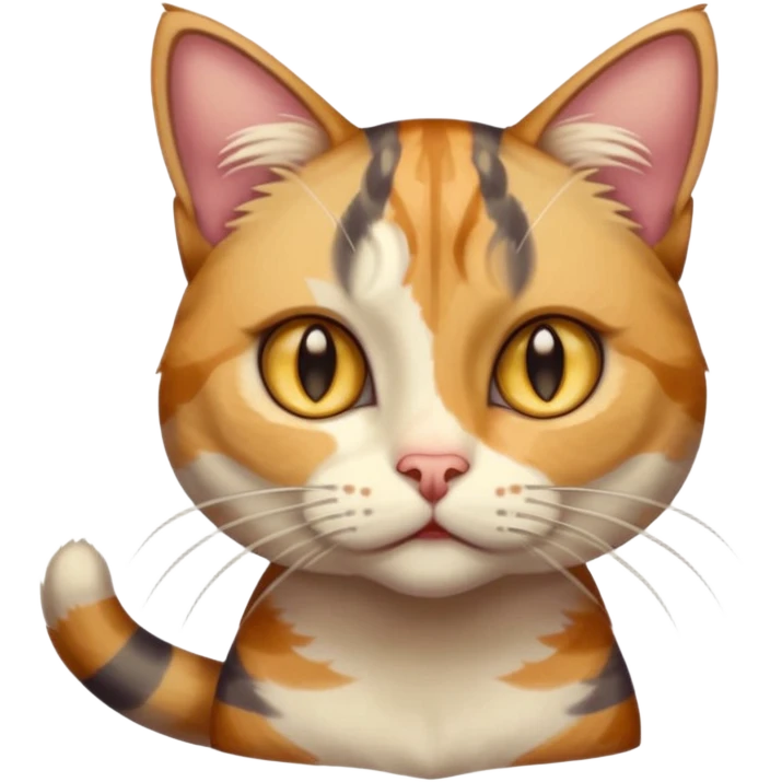 full body anxious looking colourful light calico tabby cat with hazel eyes and patchy brown tabby sections of fur emoji