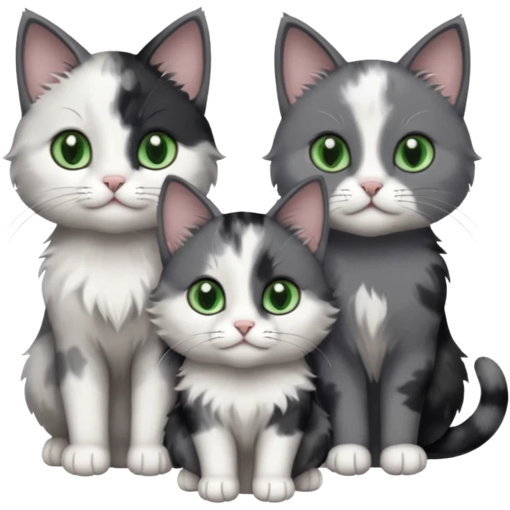 3 different coloured small cats including a dark grey and white, and a patchy calico and a completely solid dark grey with green eyes and only white paws\ emoji
