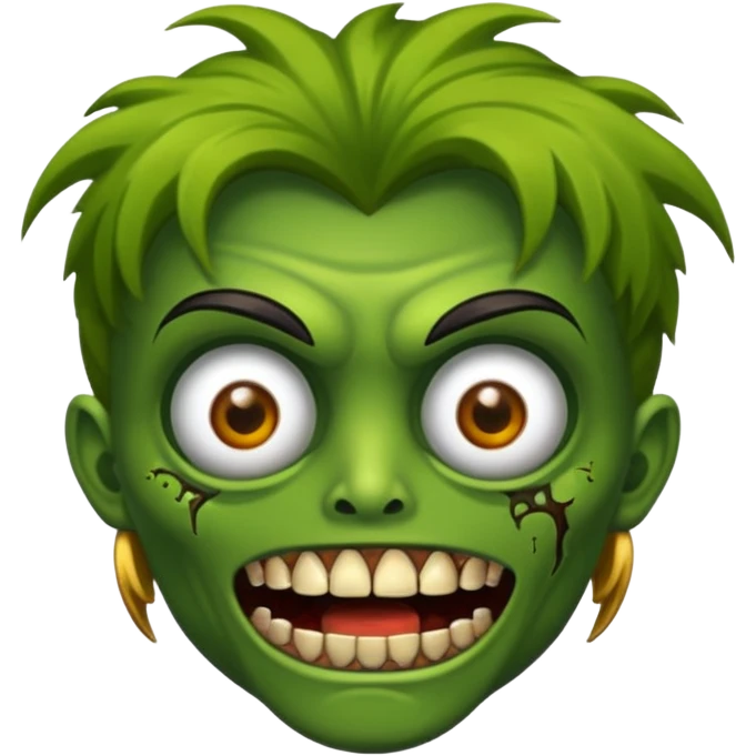 Faça uma zombie verde com olhos castanhos cabelos pretos liso com estilo y2k e com dentes de ouro emoji