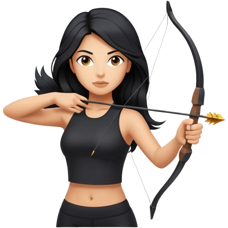 woman tanned long black hair, shooting arrow , black yoga clothes emoji