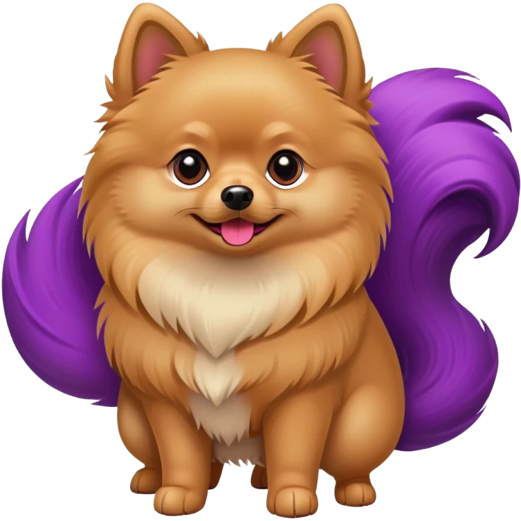 Tan Pomeranian dog standing with a purple tail with a red streak in it emoji