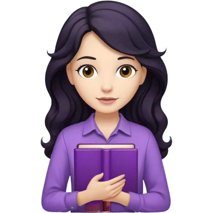 Long Hair Women with Black wavy hair, with purple Book, beige shir, without background emoji