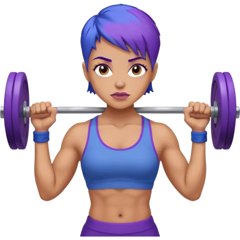 weight lift woman short blue purple har muscles bar is not growing from head emoji
