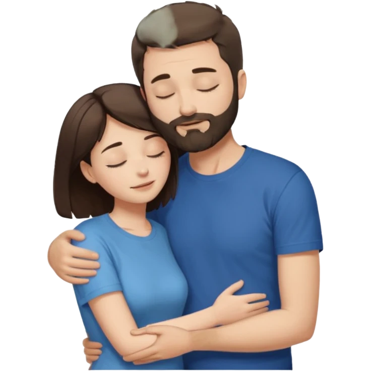 draw a man and a woman hugging each other passionately. looking toward each other. woman has short hair. man has short hair and beard. draw them with closed eyes. woman has dark brown hair. and man has light brown. make them both wearing t shirts. emoji