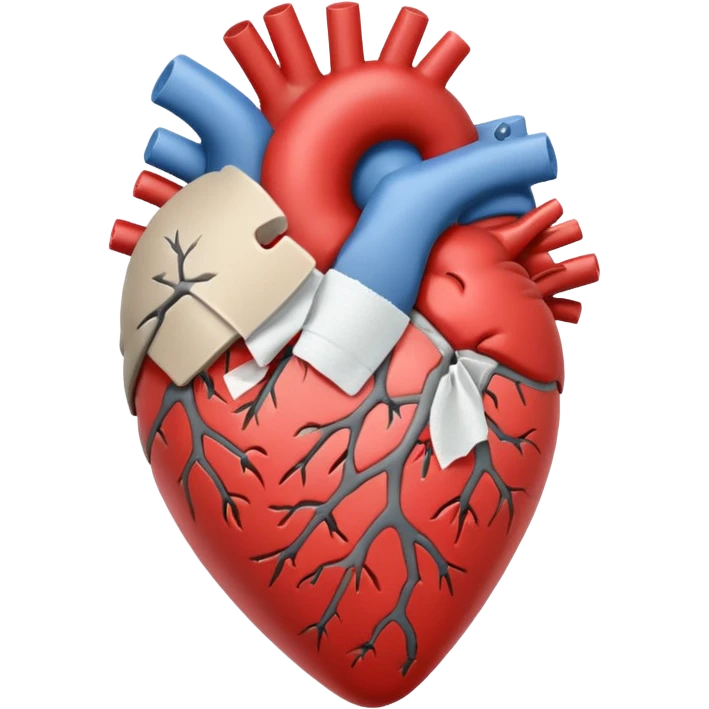 Un corazón humano roto de color gris con grietas  sangrando y expulsando sangre rodeado de vendas y tiritas que se despegan sin hacer efecto emoji