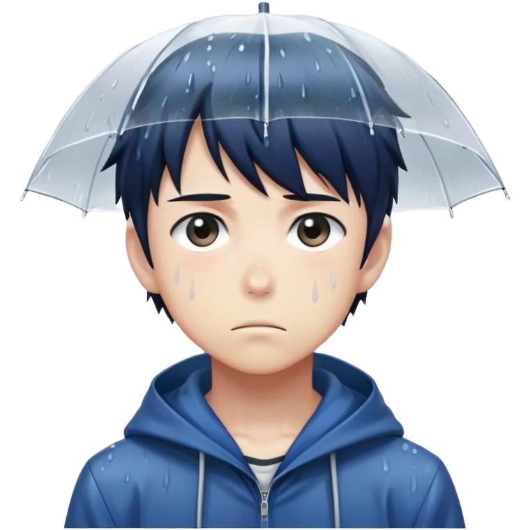 Anime character boy with sad expression standing in the rain, anime art style emoji