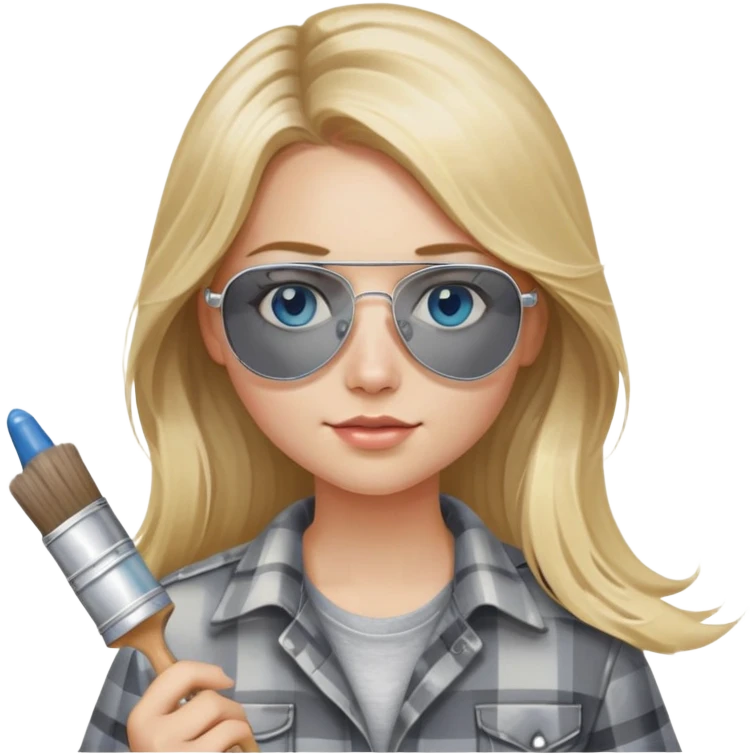 girl with long blond hair, wearing grey plaid shirt with blue eyes and aviator sunglasses wearing a ring on her silver necklace, holding a paint brush roller with a small bit of paint on her face emoji