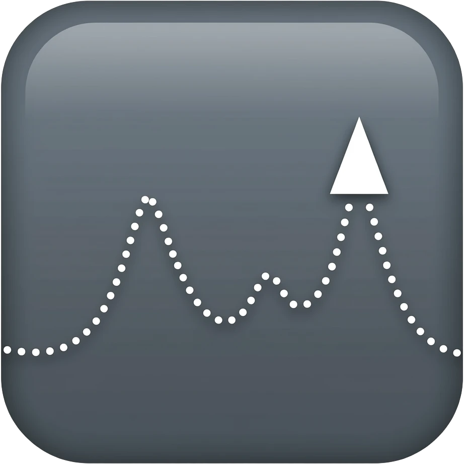 Flecha blanca de puntos uniformes siguiendo la flecha sobre fondo gris oscuro mate. Trayectoria ondulada que forma una curva de valle y luego un pico. Termina a la derecha con una punta triangular sólida y blanca minimalista emoji