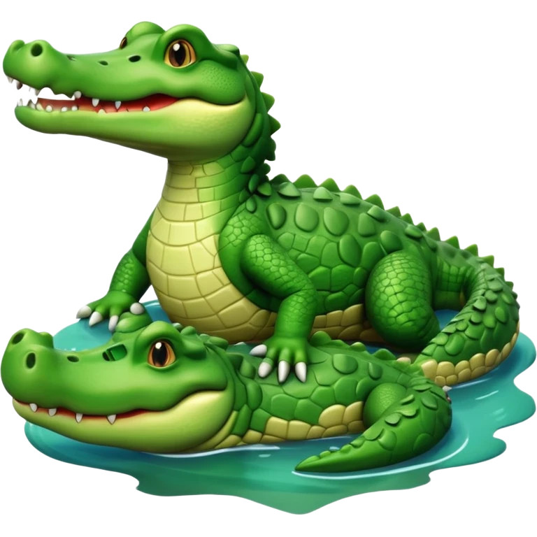 A cute 3D cartoon crocodile resting on a riverbank, part of its body in the water. Smooth rounded design, bright colors, soft lighting, friendly expression, Memoji-style realism. emoji