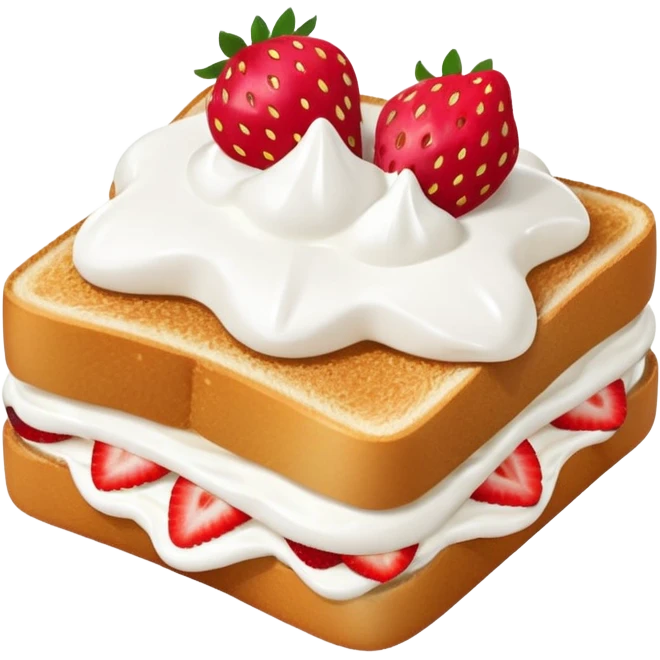 square toast topped with fluffy white cream, decorated with a strawberry bow made from two strawberry halves and a small sliced center, bright red and glossy emoji