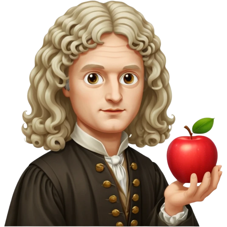 Isaac Newton wearing 17th-century aristocratic attire with long curled periwig, hold an apple emoji