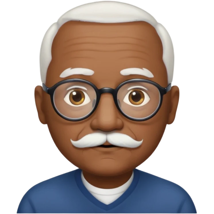 an elderly man with medium-dark skin tone, bald on top with short white hair at the sides, thick white eyebrows, large brown eyes, and wears black-framed glasses.
A small white mustache sits above his mouth emoji