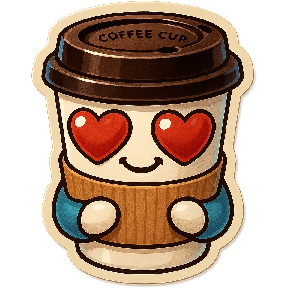 Ink wash style, coffee cup creature, big heart eyes, dopey smile emoji