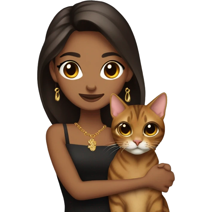  skinny beauty long dark brown hair in dark dress with gold earrings hug bengal cat emoji