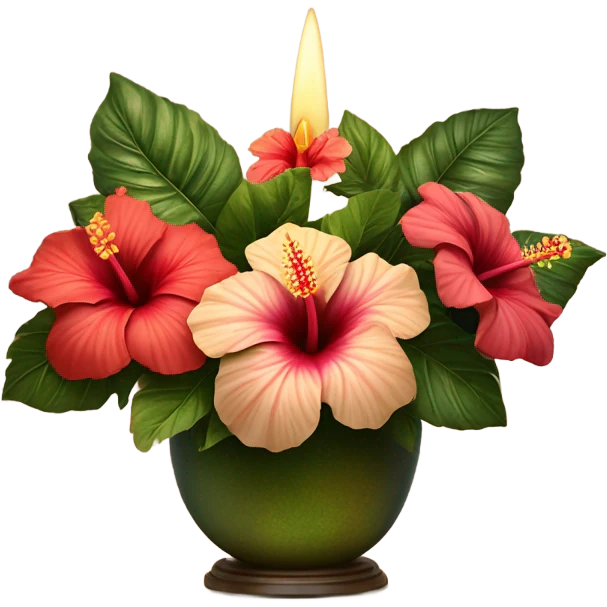 A vintage floral arrangement of hibiscus with a satin ribbon and a candlelit setting
 emoji