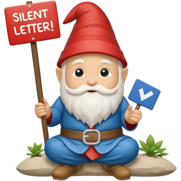A zen rainbow garden gnome, holding a sign reading “Silent Letter Day, who’s with me? emoji