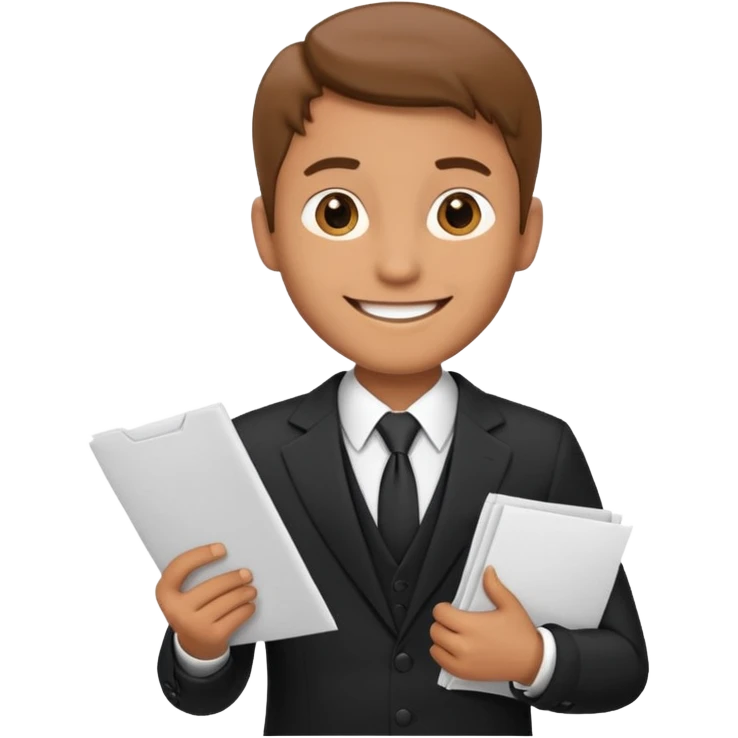a man in a formal suit walks with papers in his hands emoji