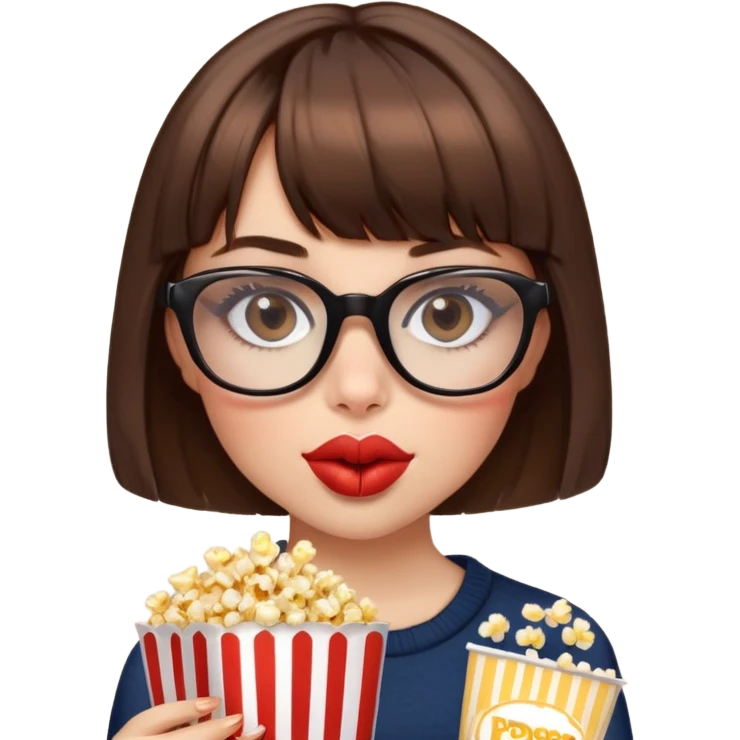 Girl with short brown hair and bangs, leopard square glasses and full lips eating popcor emoji
