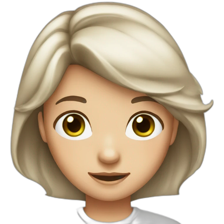 A girl with brown hair, green eyes, and red cheeks tall hair  white shirt  emoji