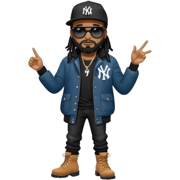 African American man with shoulder length black dreadlocks with black beard wearing black sunglasses wearing a New York Yankees logo baseball cap wearing a dark black bubble winter coat wearing denim skinny jeans and Timberland boots hand pointing to the right emoji