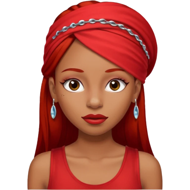 light-skinned black girl with very long eyelashes with long strait dark brown hair with edges wearing a red top with no sleeves. and a red accessory on her head with nose and mouth piercings and is a baddie and looks like a bad girl. emoji