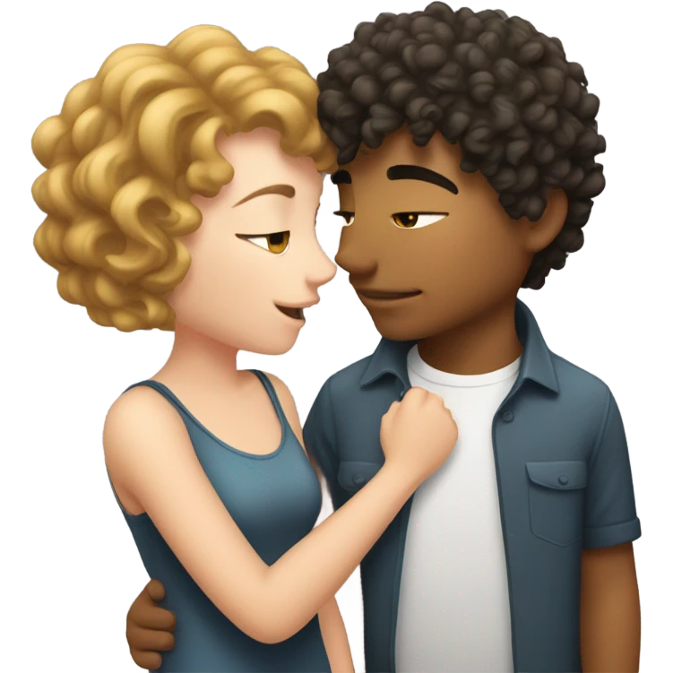 Chubby broy with curly hair kissing skinny girl with short wolfcut (shoulder long) hair, both white emoji