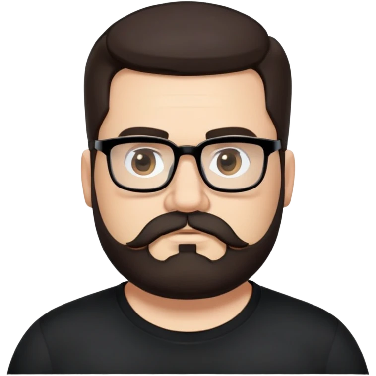 Caucasian male, chubby, long hair straight dark brown hair combed back, thick dark eyebrows, rectangular black eyeglasses, full beard and mustache neatly groomed, neutral facial expression, wearing a black crew neck shirt. emoji