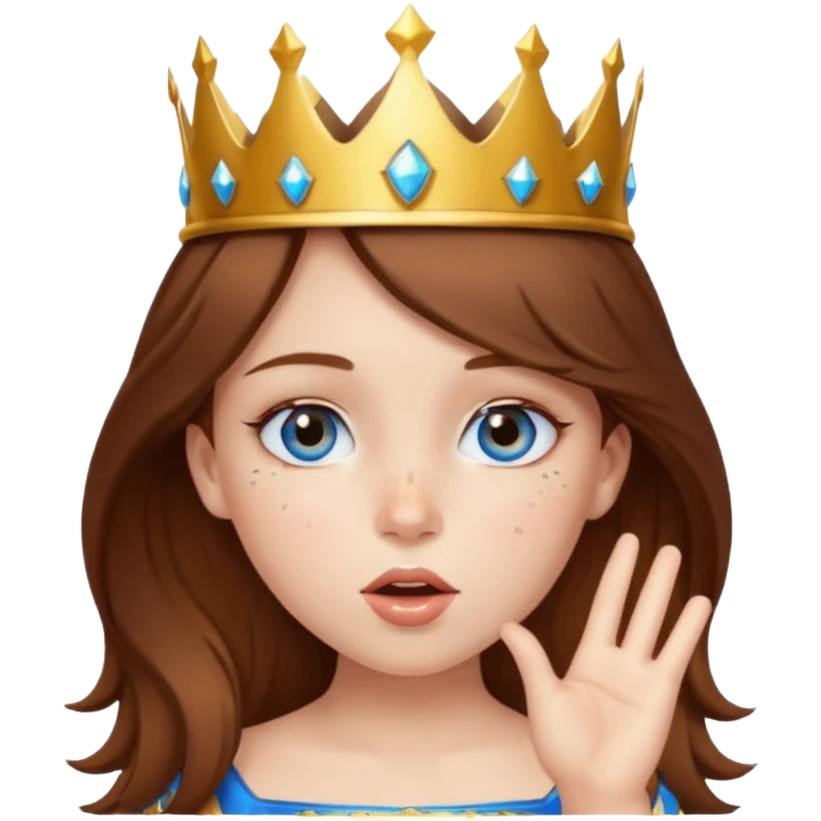 a girl with brown hair, blue eyes and freckles, who wears a crown and is blowing a kiss emoji