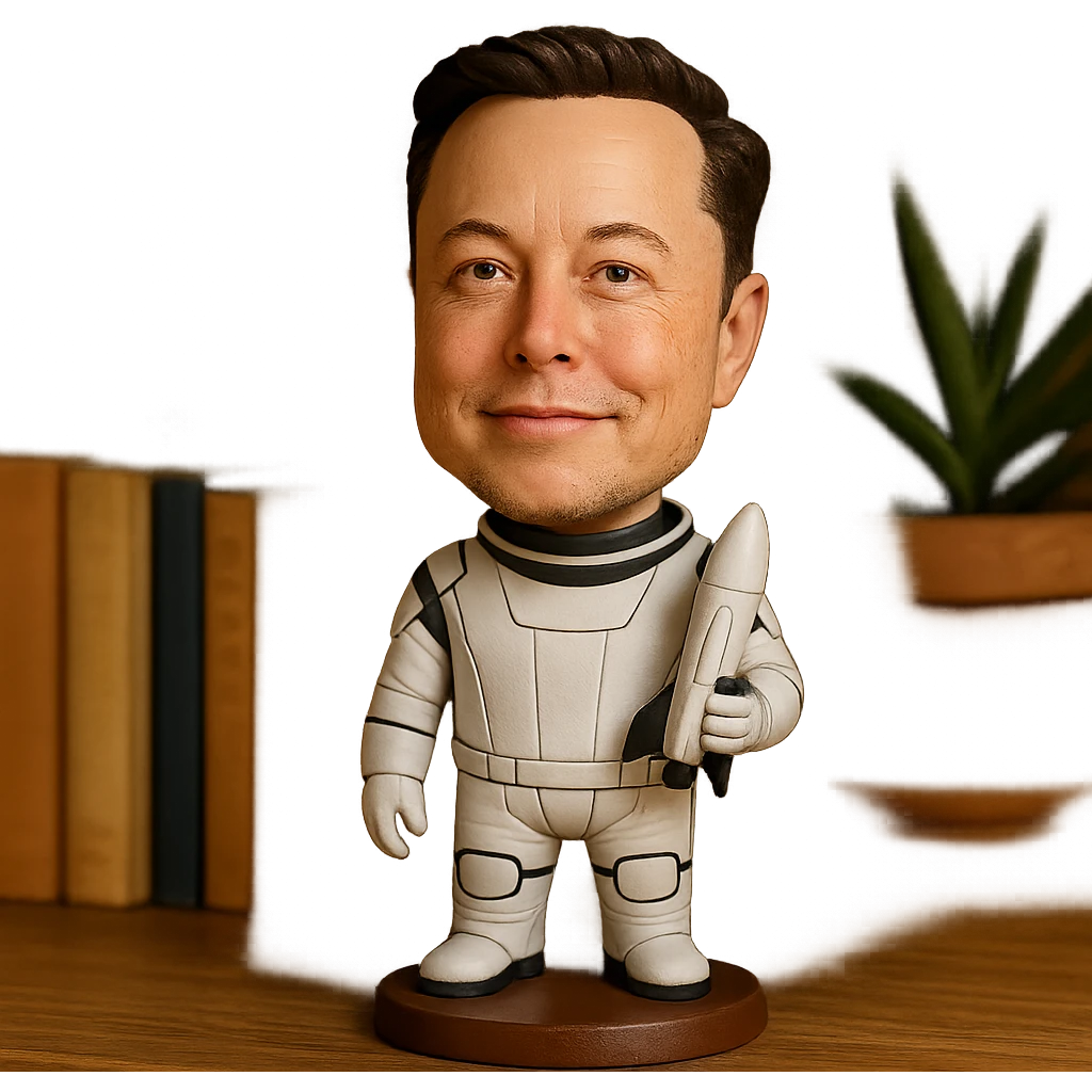bobblehead of Elon Musk in a space suit holding a small rocket emoji