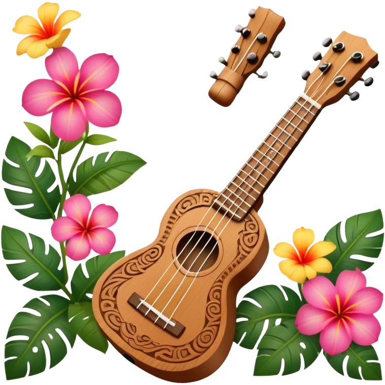 Ukulele with Polynesian carvings with flowers behind it emoji