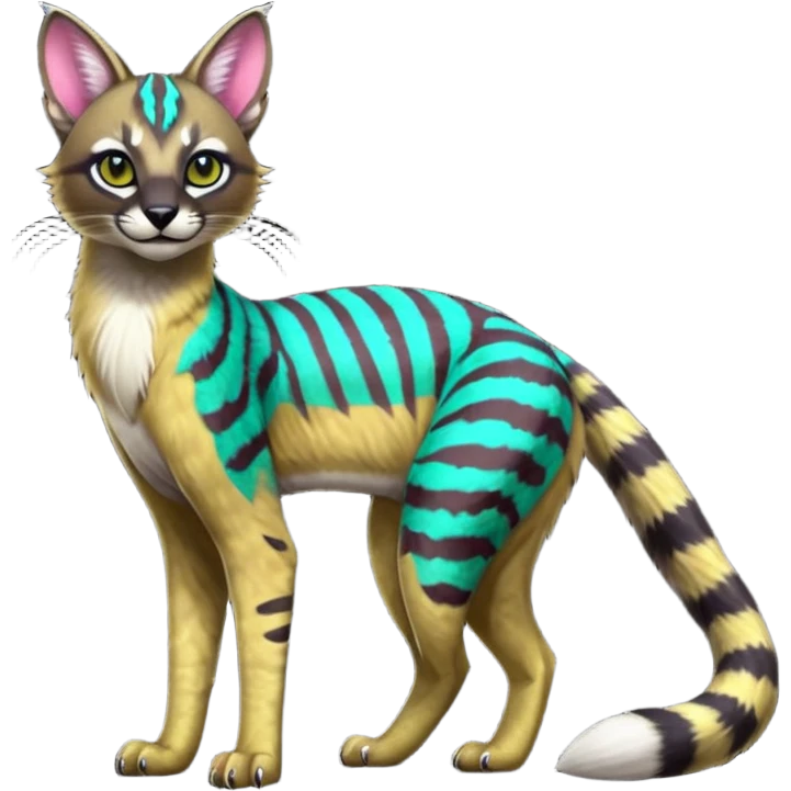  Neon-colored colorful painted marked patterned Asian glorious divine exotic cute cool beautiful shiny beautiful fantasy-caracal-civet-genet-sergal-vernid-Cacomistle-oncilla-animal-Fakémon-hybrid-fursona (full body) emoji