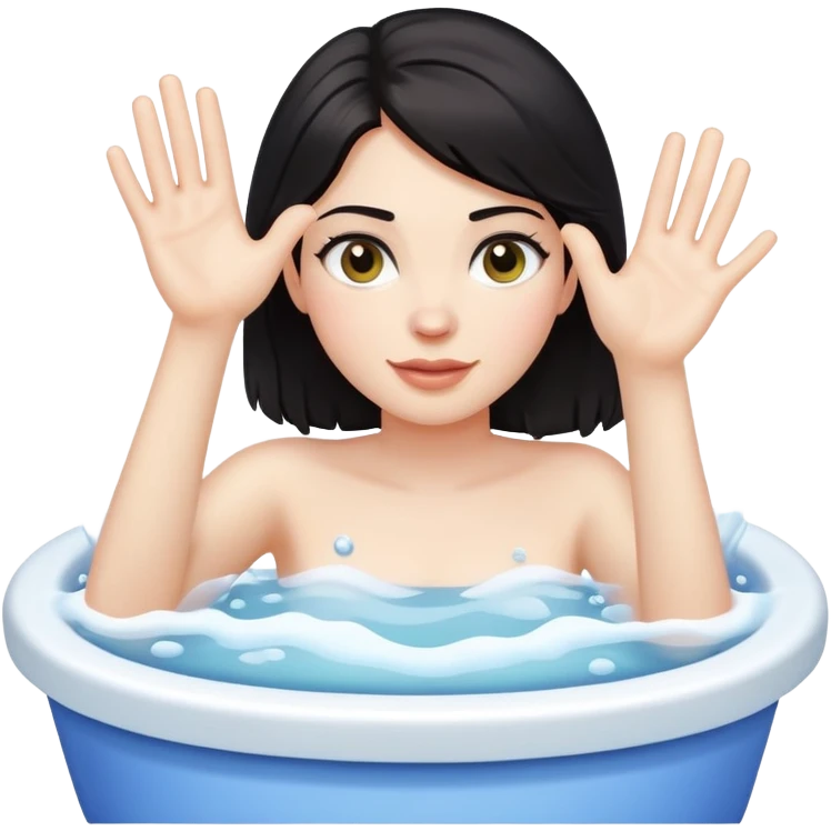 Dark-haired woman in bubbling water with one hand raised high and other hand on tub rim emoji