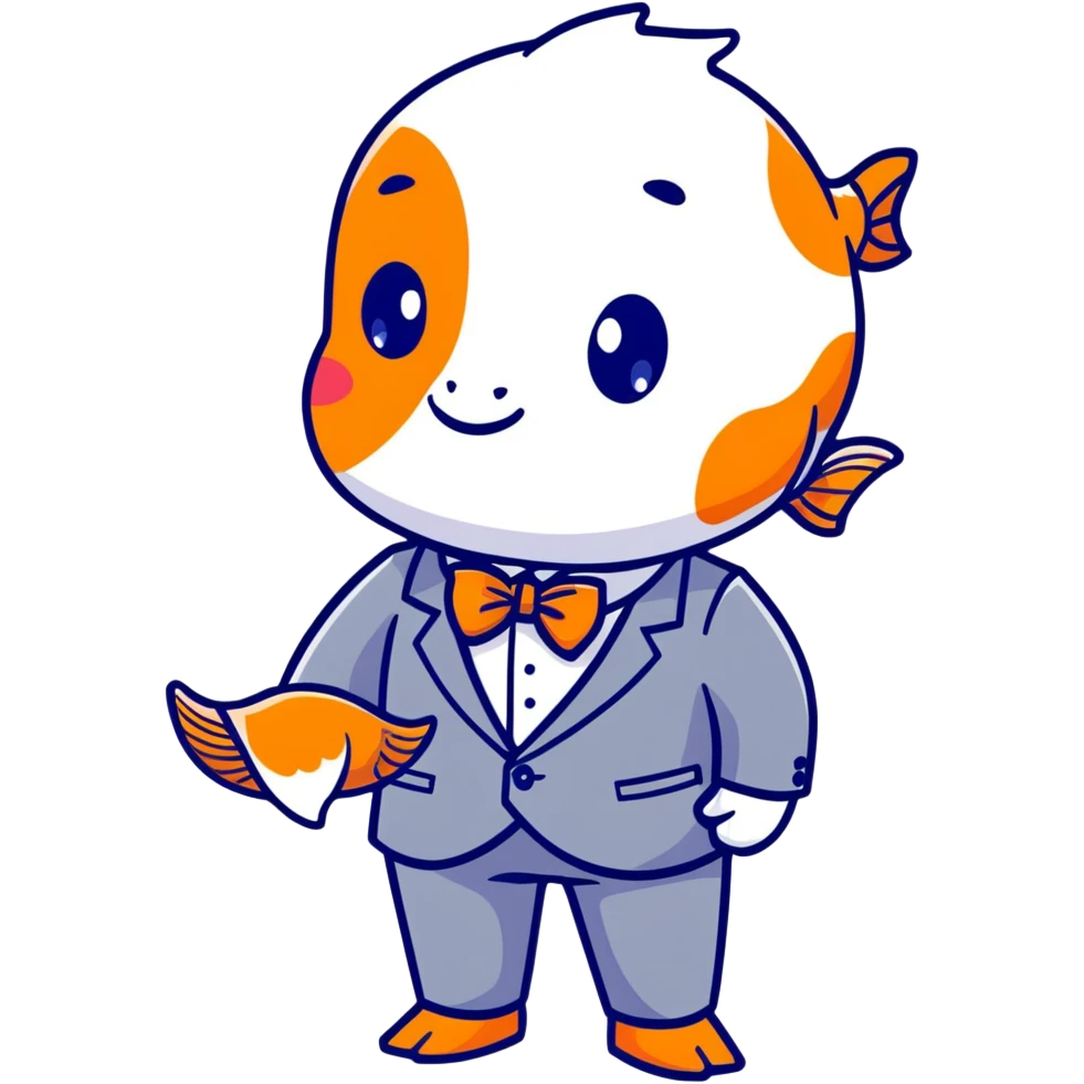 A charming and professional koi fish character, sleek rounded body with orange and white patterns, expressive eyes, friendly smile, wearing a neat business suit, white shirt, and tiny bowtie emoji