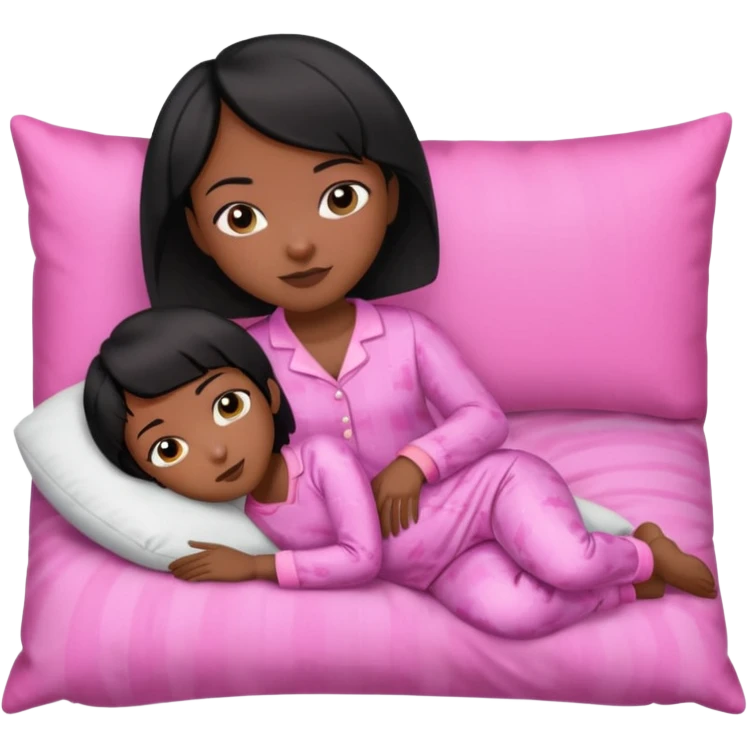 Dark skin Black woman with short  black bob  hair, pink pajamas laying on pillow just me  emoji