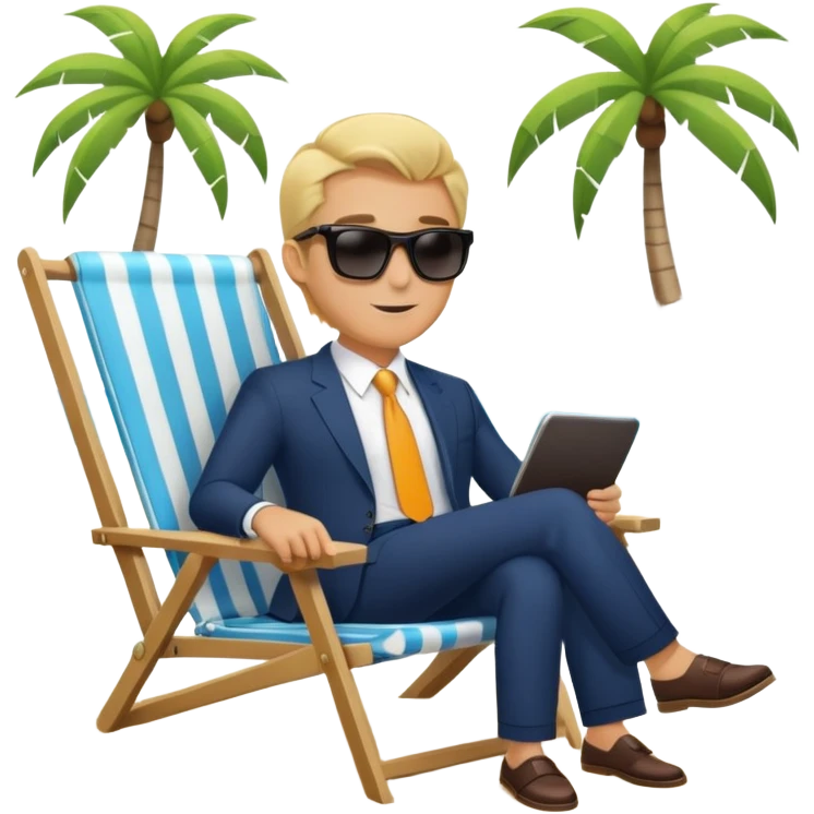 blonde businessman in suit sitting in beach chair on vacation, tropical beach emoji