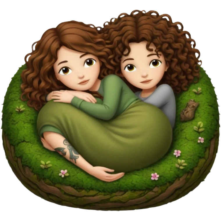 cozy moss bed — long wavy brown hair tattooed woman and short tight curly brown hair woman — curled together on moss pillow sleepy emoji
