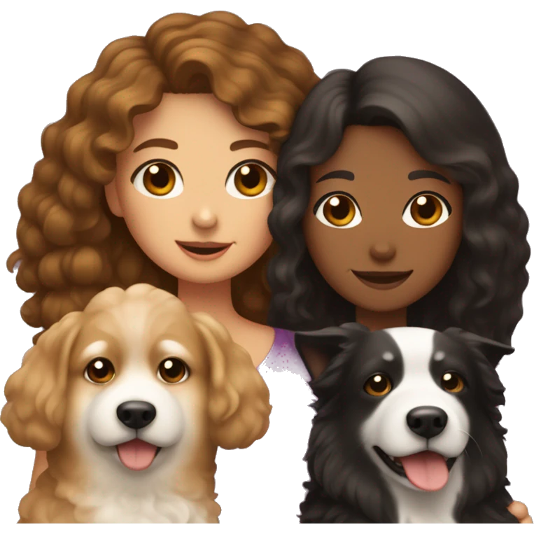 A Chinese girl with long brown curly hair is holding three dogs: one is a poodle, one is a black dog, and the other is a Shiba Inu. emoji