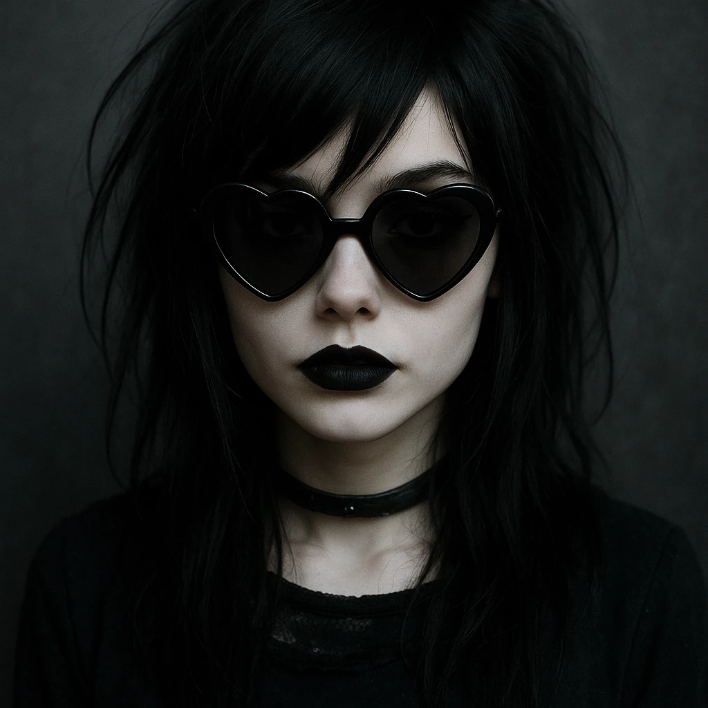 emo girl with heart-shaped sunglasses, dark hair, mysterious vibe emoji