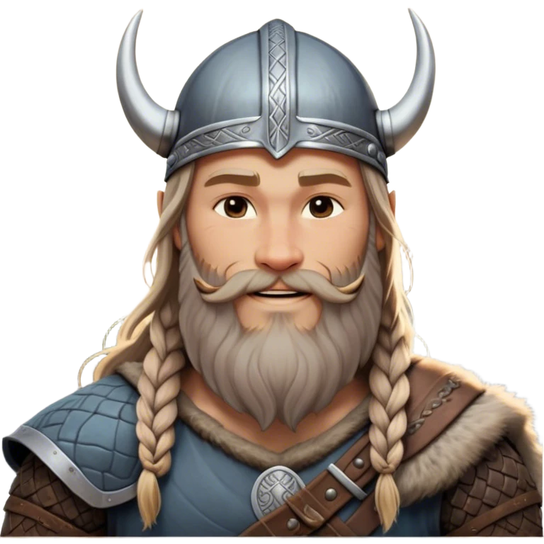 Clash of Clans aesthetic: Beautiful and Majestic Viking Portrait Emoji, Rendered in serene confidence with a gentle, enigmatic smile and a refined, weathered Viking helmet, showcasing a noble, sturdy build with long braided hair and a dignified beard, his face in natural skin tone, Simplified yet exquisitely endearing features, highly detailed, glowing with a soft, majestic Nordic light, high shine, calm and heroic, stylized with an air of timeless Norse elegance, soft glowing outline, capturing the essence of a majestic Viking whose noble spirit inspires epic quests! emoji