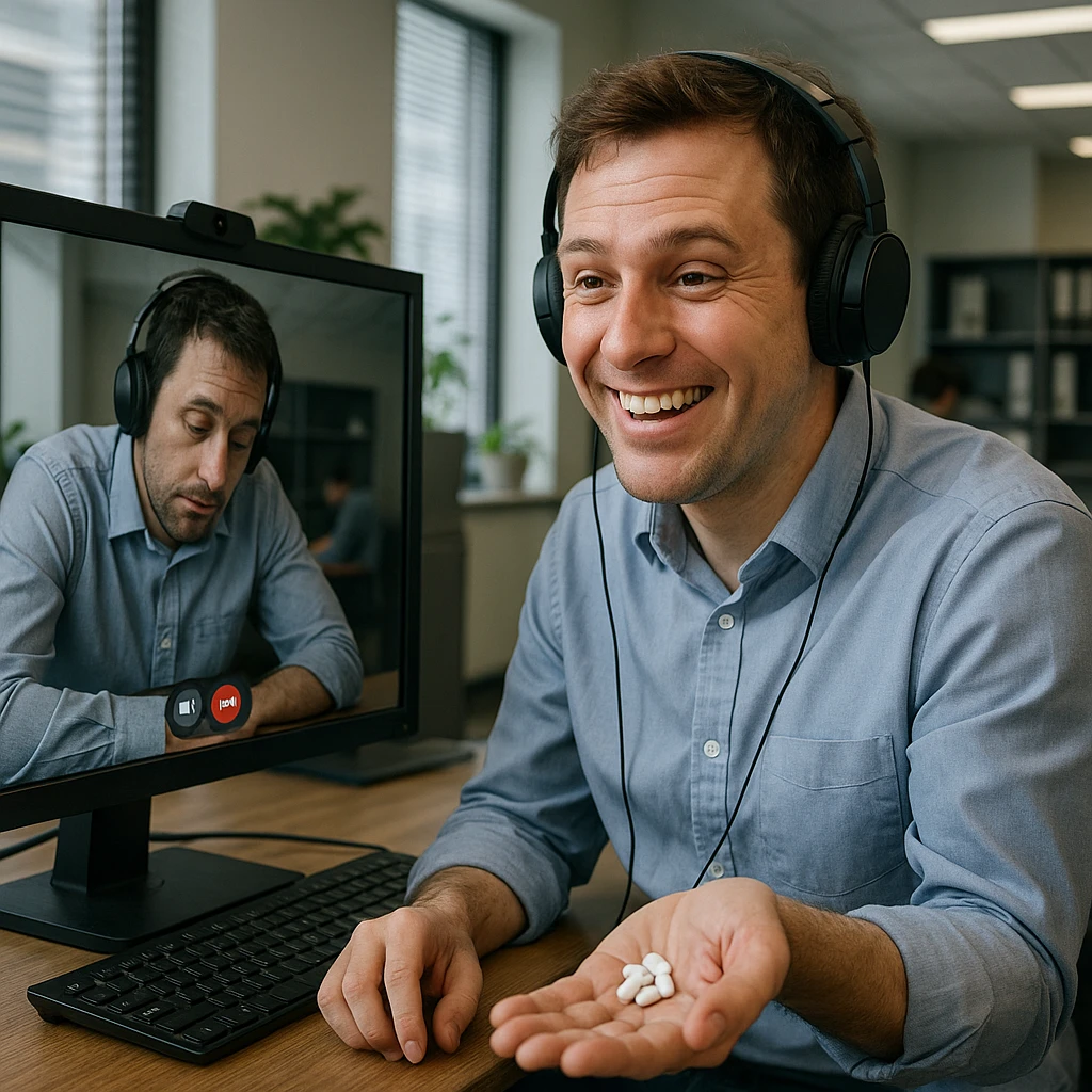 Man in his mid-30s, work video call, fake cheerful expression, hand under desk with caffeine pills, screen reflection reveals tired, collapsed posture, virtual avatar upright and energetic, hyperrealistic 4K, office environment emoji